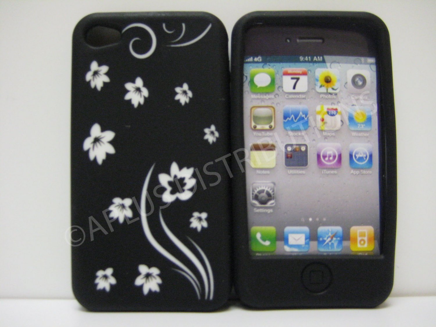 New Black Laser Cut Flowers Design Silicone Cover For iPhone 4 - (0109)