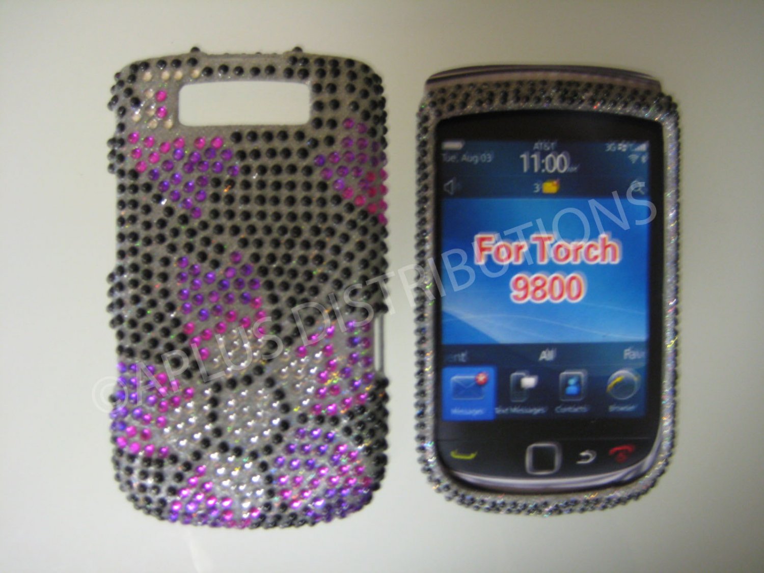 New Black Flower Image Bling Diamond Case For Blackberry 9800 - (0116)