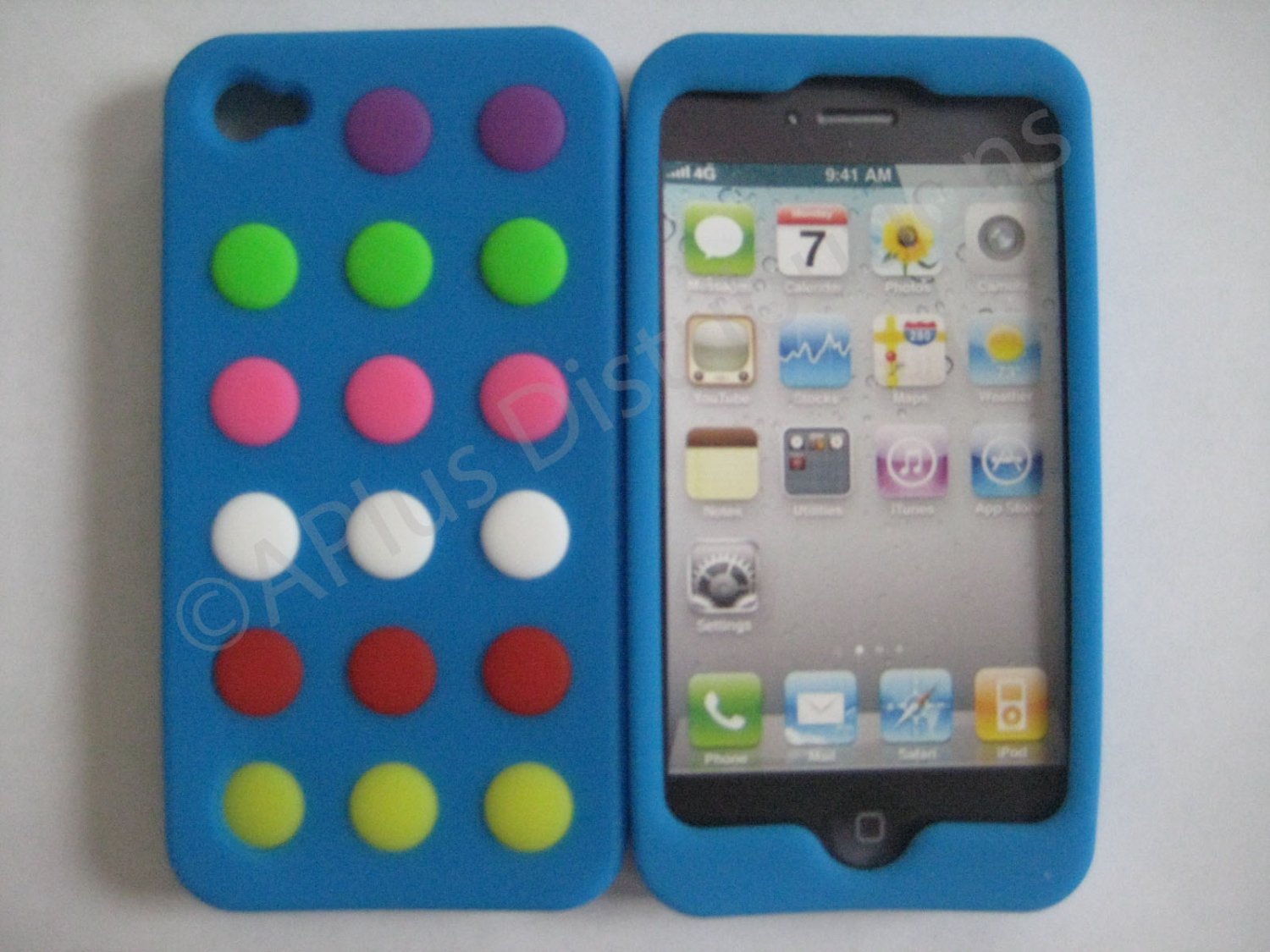 New Blue Colorful Beans Dots Design Silicone Cover For iPhone 4 - (0141)