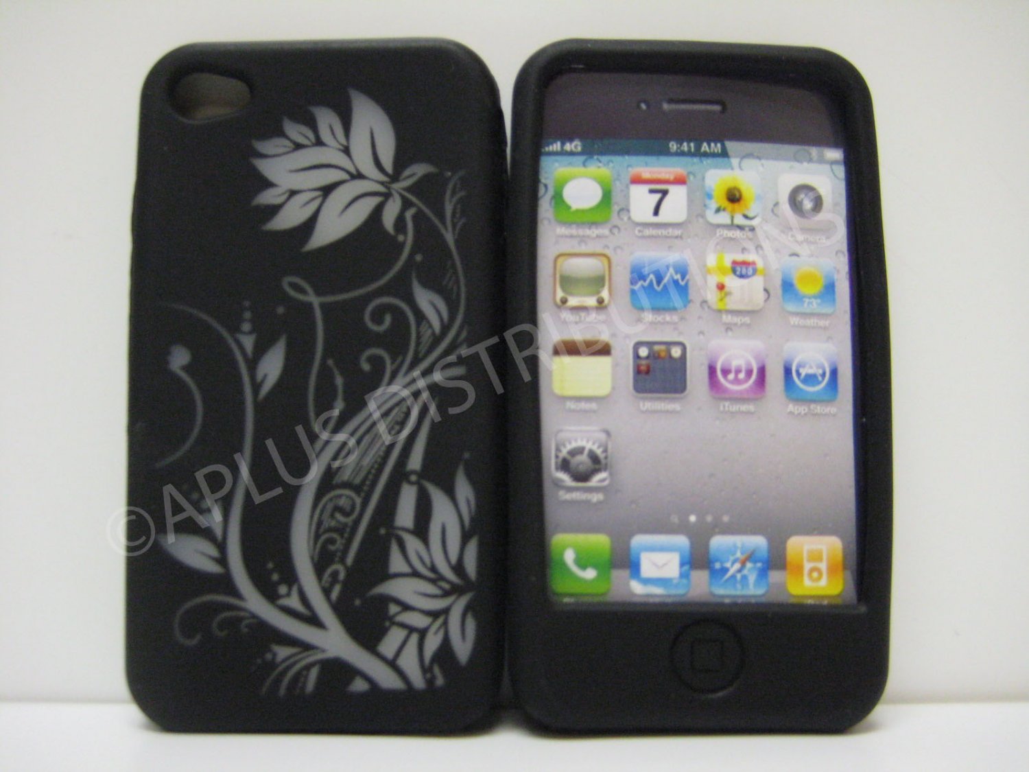 New Black Laser Cut Ivy Design Silicone Cover For iPhone 4 - (0106)