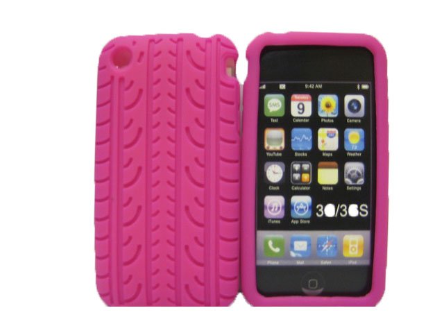 New Hot Pink Tire Print Pattern Silicone Cover For iPhone 3G 3GS - (0127)