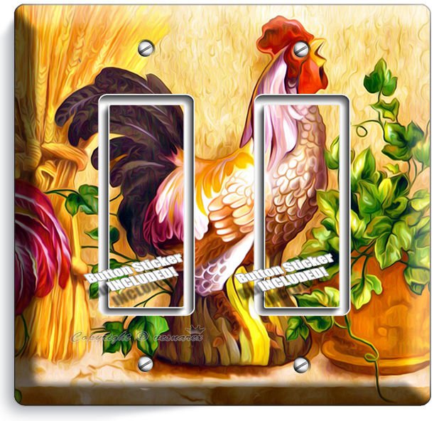 COUNTRY FARM ROOSTER HENS RUSTIC DOUBLE GFCI LIGHT SWITCH WALL PLATE COVER DECOR