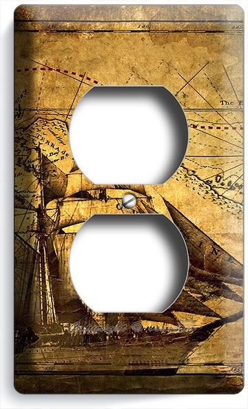 PIRATE SHIP OLD RUSTIC TREASURE MAP DUPLEX OULET COVER BOYS BEDROOM ROOM DECOR