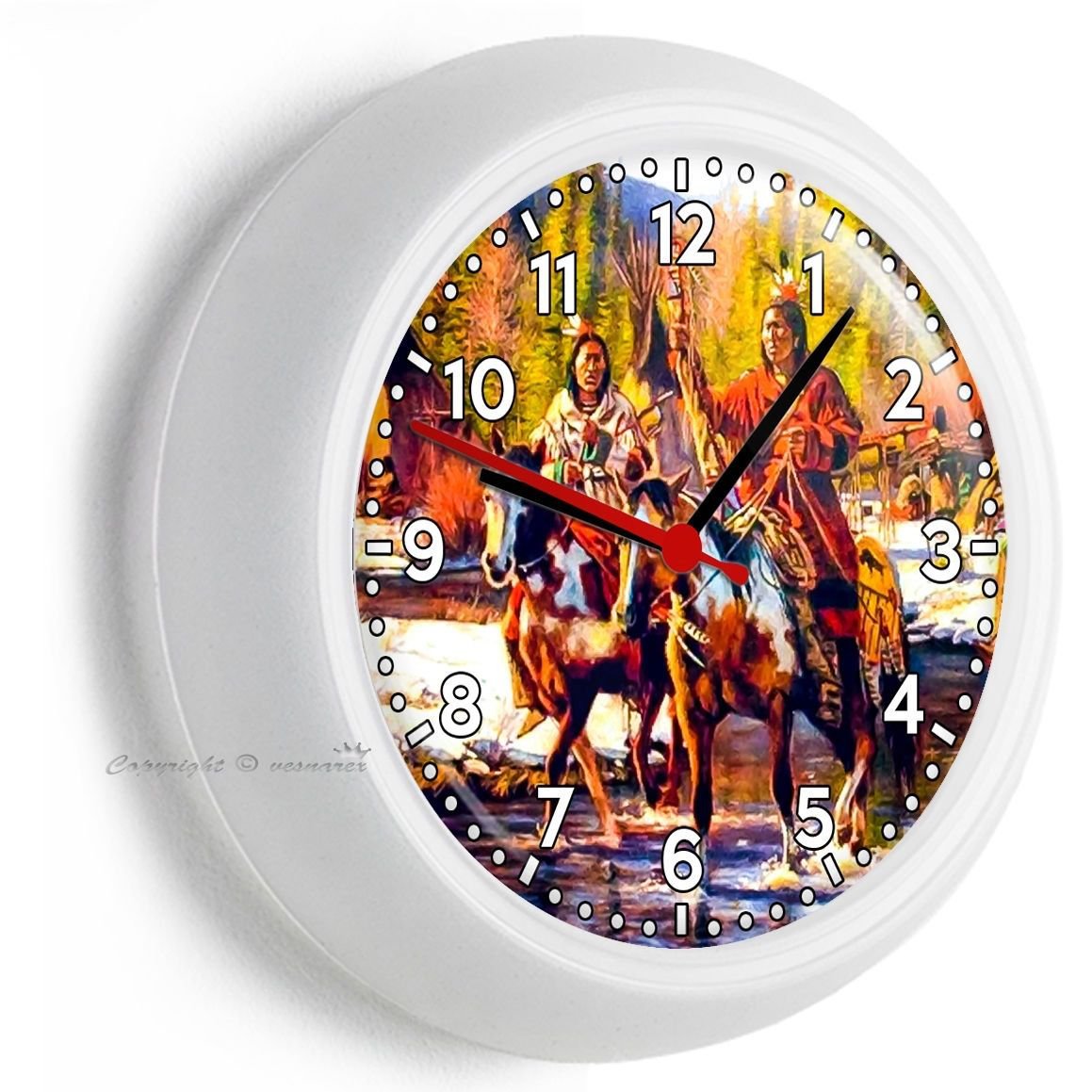NATIVE AMERICAN INDIANS ON MUSTANG HORSES WALL CLOCK LIVING ROOM BEDROOM DECOR