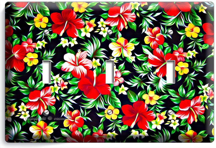 RED HAWAIIAN HIBISCUS FLOWERS PRINT PATTERN TRIPLE LIGHT SWITCH WALL PLATE DECOR
