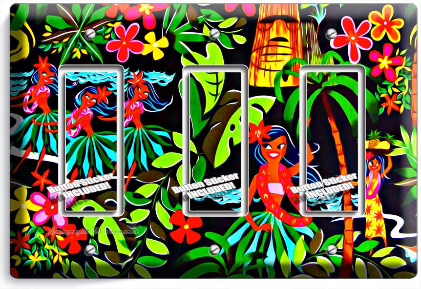 DANCING HAWAIIAN GIRLS FLOWERS PALM TREES TRIPLE GFCI LIGHT SWITCH PLATE DECOR