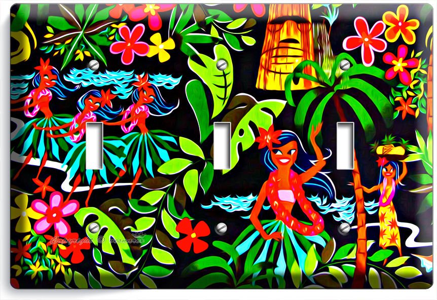 DANCING HAWAIIAN GIRLS FLOWERS PALM TREES TRIPLE LIGHT SWITCH WALL PLATE DECOR