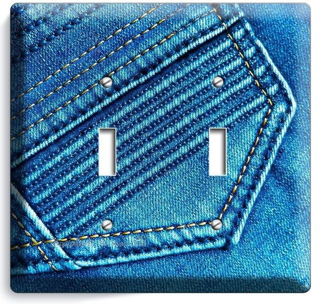 DENIM BLUE WASHED JEANS POCKET STITCHES DOUBLE LIGHT SWITCH WALL PLATE ART DECOR