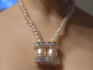 Double pearl crystal bar necklace