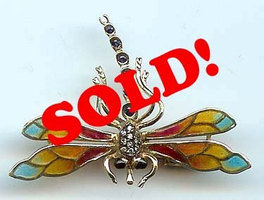 Vintage Dragonfly Pin Brooch 14k Gold Enamel Diamond
