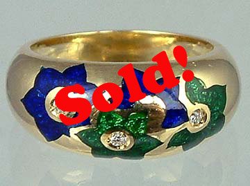Sensational Enamel Solid 18k Gold Diamond Estate Ring