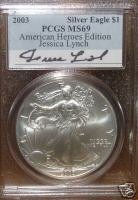 2003 American Silver Eagle Signature Series Jessica Lynch PCGS MS69
