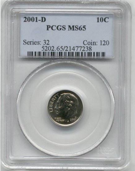 2001 D Roosevelt Dime PCGS MS65!!!