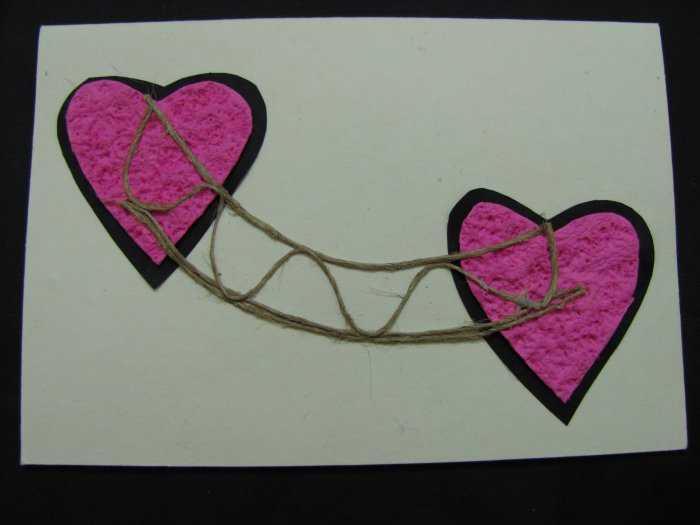 (HRT 25) Pink Hearts w/ Jute Bridge Handmade Greeting Card