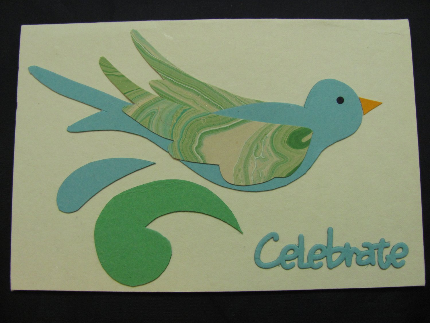 (CLBRT 02) "Celebrate" Blue/Green Bird Handmade Greeting Card