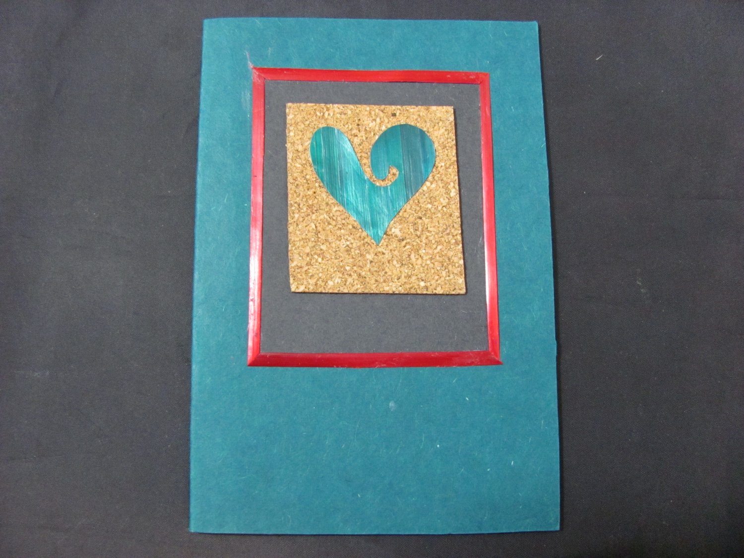 (HRT 20) Teal Wheat Straw Heart on Cork Handmade Greeting Card