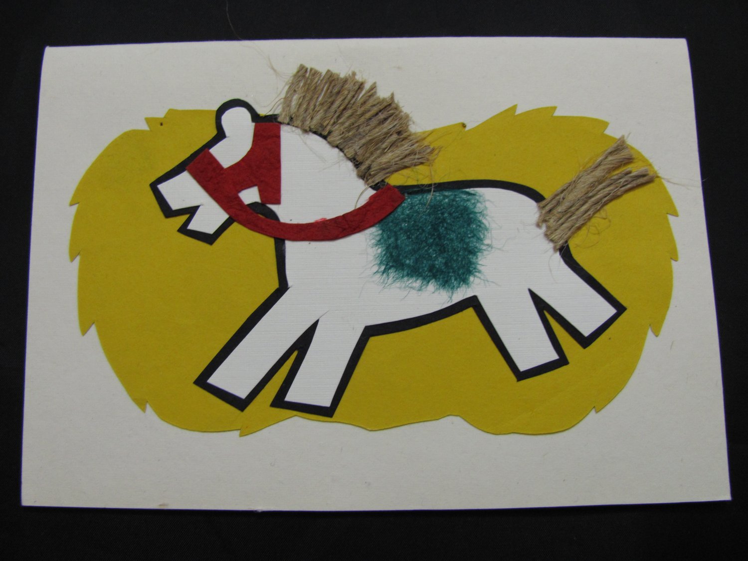 (HRS 03) White Horse, Jute Mane & Tail Handmade Greeting Card