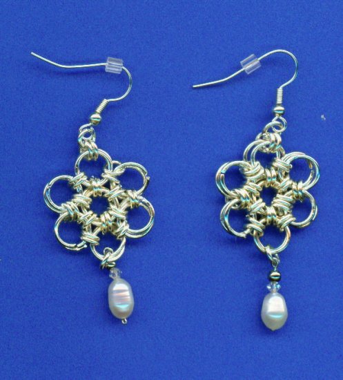Japanese Flower Chain Maille and Pearl Earrings