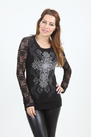 Vocal Apparel Tattoo Rhinestone Long Sleeve Lace Top