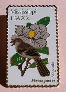 Mississippi MS Mockingbird Magnolia stamp pin lapel 1976 s