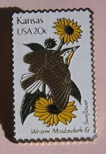 Kansas Western Meadowlark Sunflower stamp pin hat 1968 S