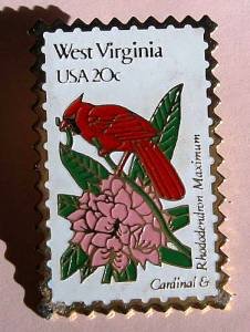 West Virginia Cardinal Rhododendron stamp pin hat 2000