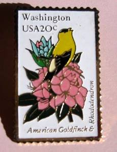 Washington Goldfinch Rhododendron stamp pin lapel 1999