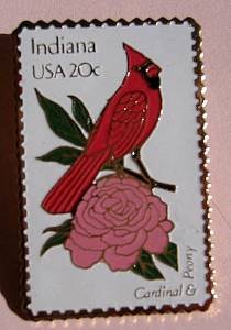 Indiana Cardinal Peony bird stamp pin lapel pins 1966 s