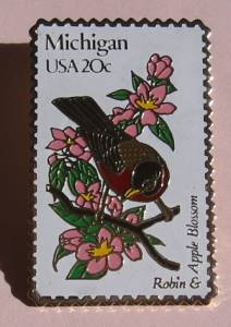 Michigan Robin Apple Blossom bird stamp pin lapel 1974 s