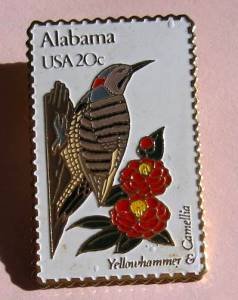 Alabama Yellowhammer Camellia stamp pin tie tac 1953