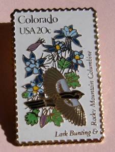Colorado Lark Bunting Columbine CO stamp pin lapel 1958