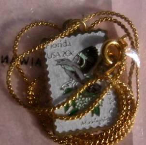 Florida Mockingbird Orange stamp necklace pendant 1961n