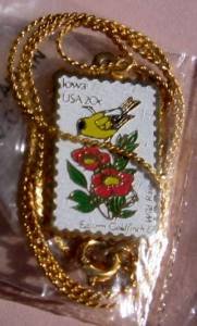 Iowa Eastern Goldfinch Wild Rose stamp necklace 1967n