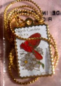 North Carolina Cardinal Dogwood NC stamp necklace 1985n