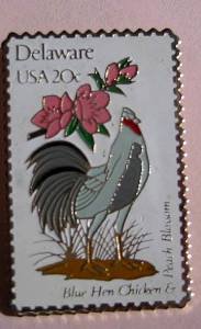 Delaware Blue Hen Chicken Peach stamp pins lapel pin 1960 s