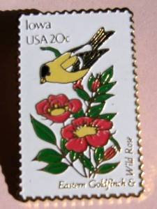 Iowa Eastern Goldfinch Wild Rose stamp pin lapel 1967 S