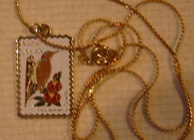 Alabama AL Yellowhammer Camellia stamp necklace 1953n