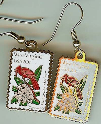 West Virginia Cardinal Rhododendron stamp earrings 2000ew s