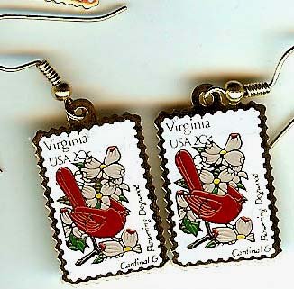 Virginia Cardinal Dogwood stamp earrings 1998ew NIP s
