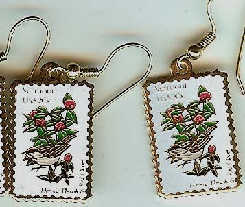 Vermont Hermit Thrush Red Clover stamp earrings 1997ew s