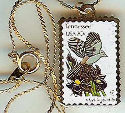 Tennessee Mockingbird Iris stamp necklace pendant 1994n s