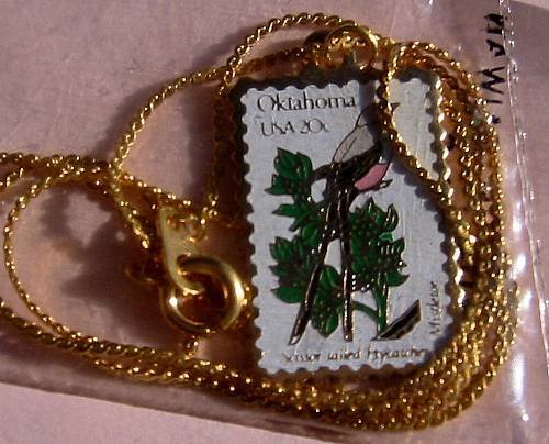 Oklahoma Flycatcher Mistletoe stamp necklace pendant 1988n s