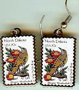 North Dakota Meadowlark Rose stamp earrings 1986ew NIP s