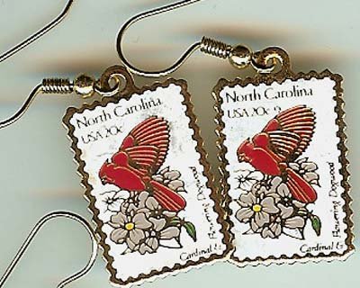 North Carolina Cardinal Dogwood stamp earrings 1985ew s