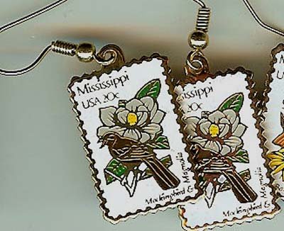 Mississippi Mockingbird Magnolia stamp earrings 1976ew s