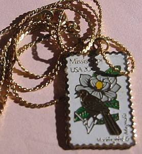 Mississippi Mockingbird Magnolia stamp necklace pendant1976n s