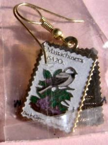 Massachusetts Chickadee Mayflower stamp earrings 1973ew s
