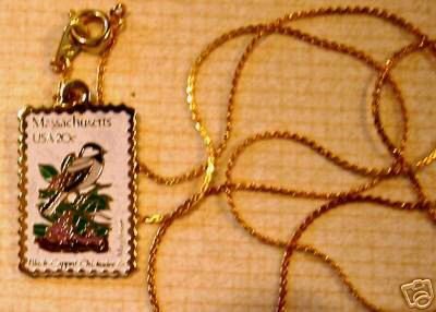 Massachusetts Chickadee White Pine stamp necklace pendant 1973n s