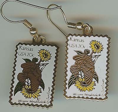 Kansas Meadowlark Sunflower stamp earrings 1968ew s