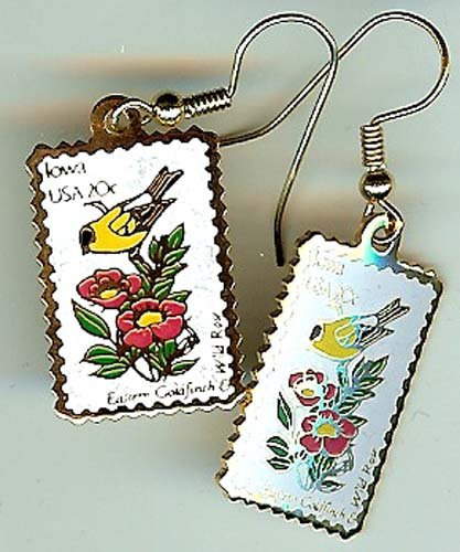 Iowa Goldfinch Wild Rose stamp earrings 1967ew NIP s